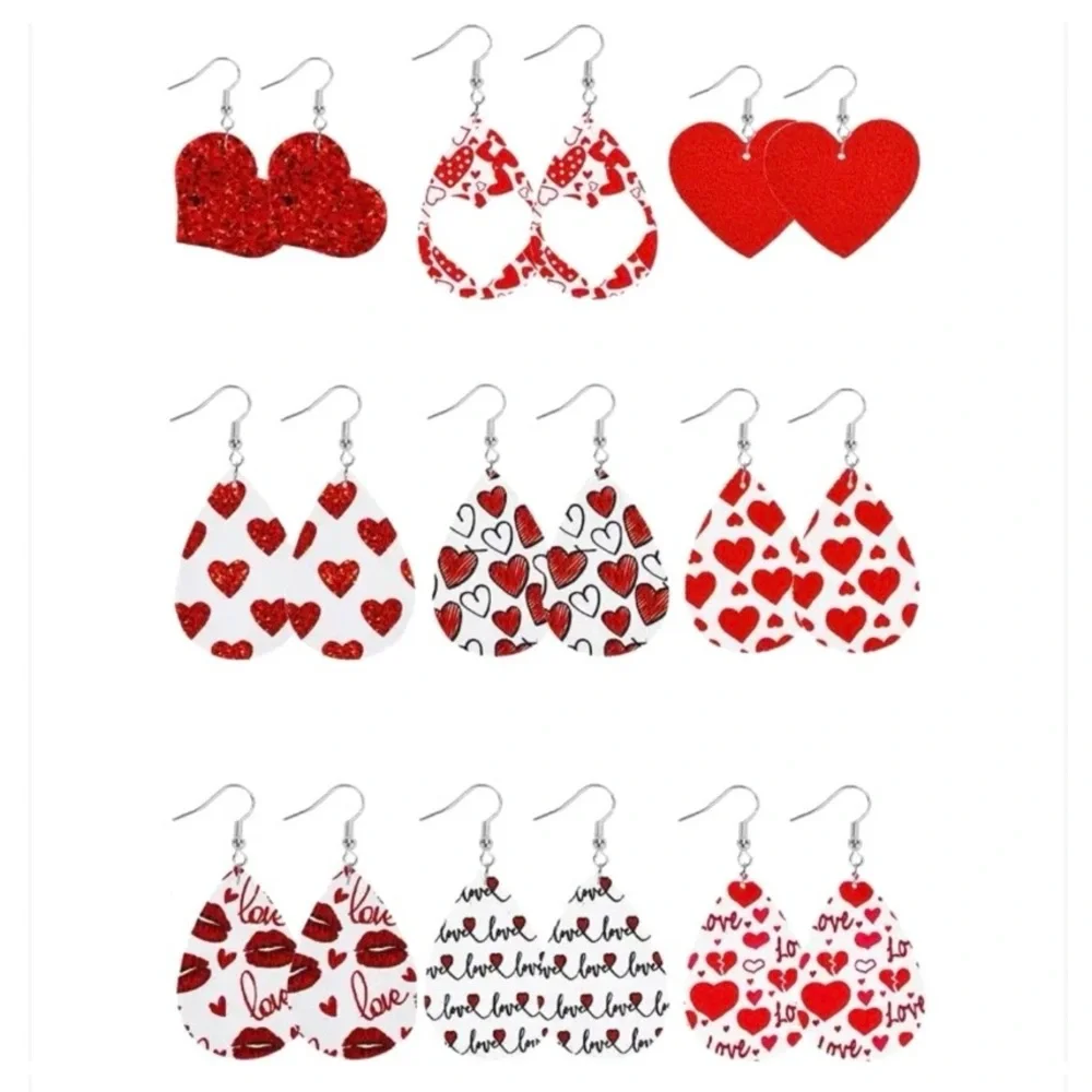 ⭐️ 5 for $25 Wooden Heart Design Teardrop Red & White Earrings Silver Tone Hoops - Picture 4 of 4